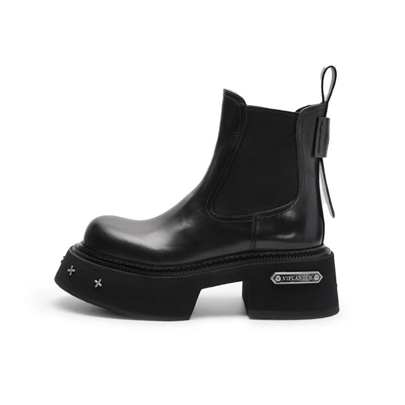 Viplander Top Grain Cow Leather Short Chelsea Boots Women's Black
