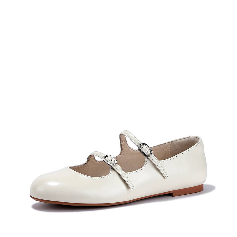 Brut Ros′e Cow Leather Flat Mary Jane Shoes 1CM Women's Ecru