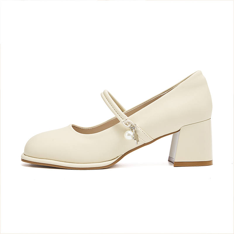 EXULL Q Pu Block Heel Mary Jane Shoes Women's Ecru