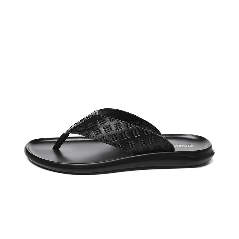 YIMINU Rubber Sole Totem Stitching Leather Patchwork Slip Resistant Slip Resistant Flip Flops Men's Black