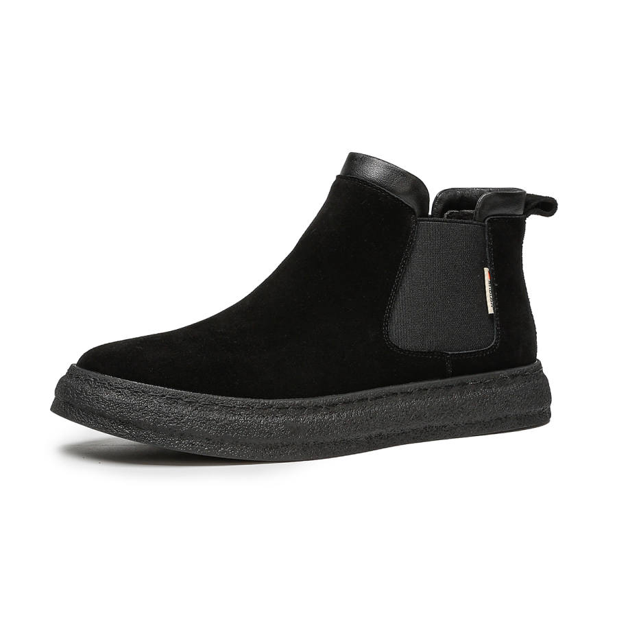 SHOUBA Cow Split Leather Fleece Lined Thermal, Comfortable And Versatile Short Chelsea Boots Men's Black