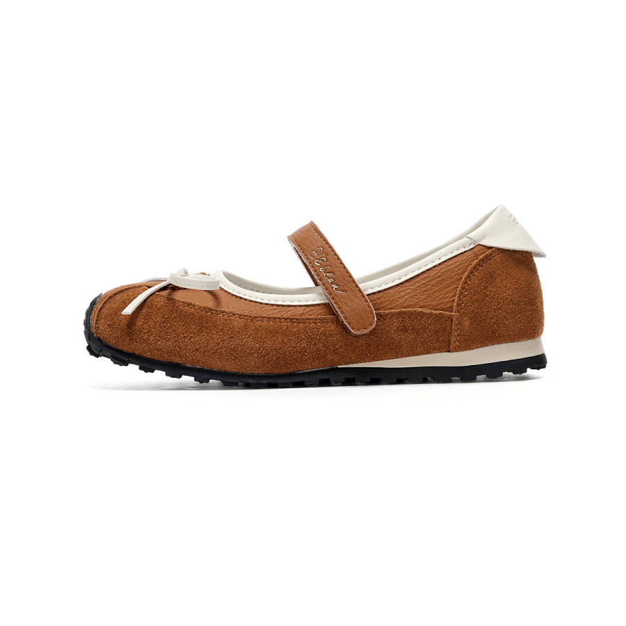 EBLAN Cow Split Leather Flat Mary Jane Shoes Women's Camel