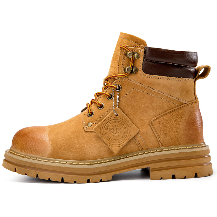 KUX Top Grain Pig Leather Short Combat Boots Chunky Heel Unisex