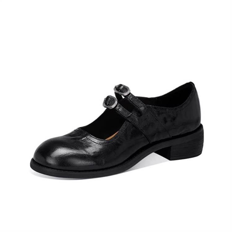 JESSICA SOPHIA Fashion Streetwear Small Leather Shoes Sheepskin Chunky Heel Mary Jane Shoes 3cm Women's Black