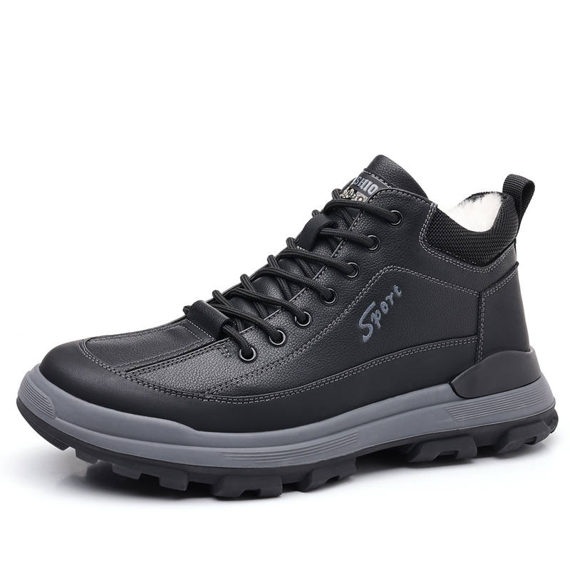 PLO CART Cow Split Leather Comfortable And Versatile Elegance Fleece Lined Thermal British Ankle Boots Men's Black