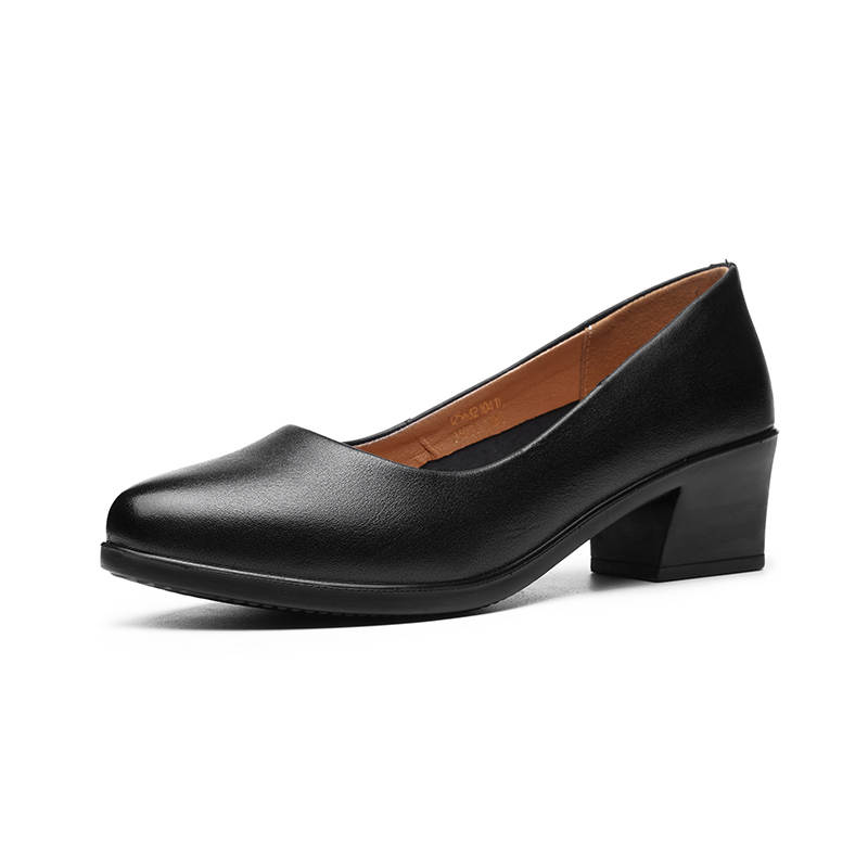 AOKANG Top Grain Cow Leather Chunky Heel High Heels Women's Black