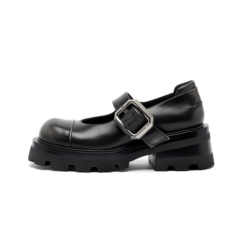 SUGARSU Cow Leather Chunky Heel Mary Jane Shoes Women's Black