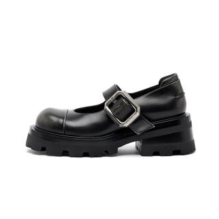 SUGARSU Cow Leather Chunky Heel Mary Jane Shoes Women's Black