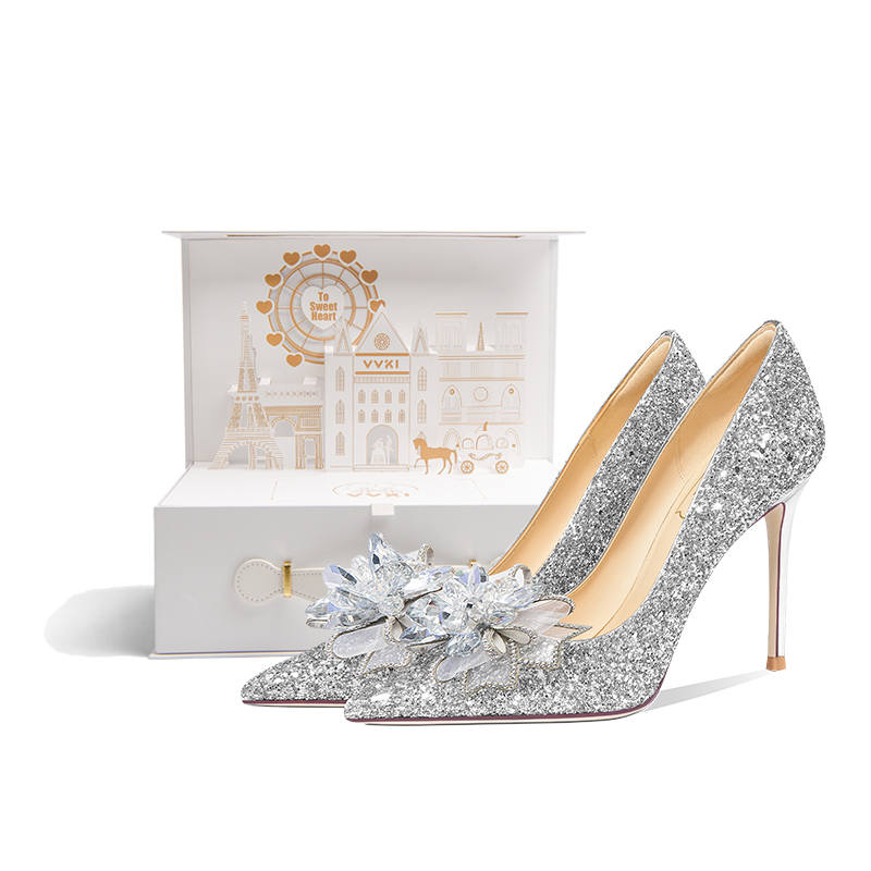 VVKI Slim Heel Wedding Shoes High Heels Women's Silver