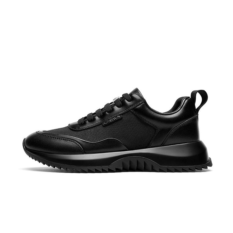 CROWN Cow Leather Breathable Low top Casual Shoes Men's Black