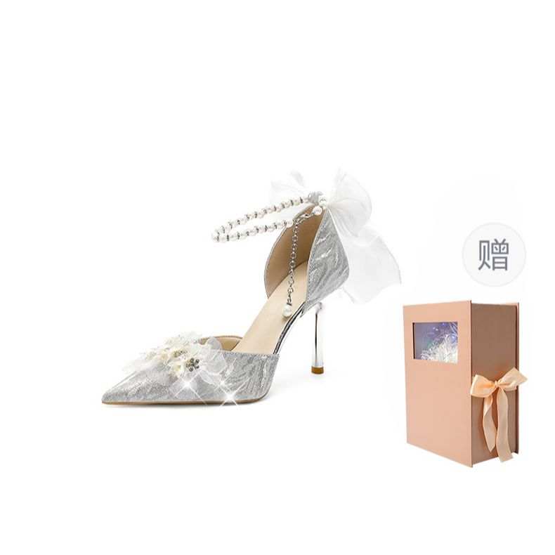 CHILI Soft Elegance Premium Aesthetic Crystal Pu Slim Heel High Heels Women's Silver