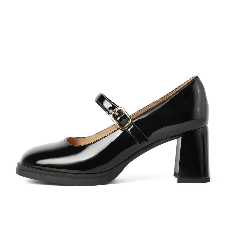 BELLE Synthetic Leather Chunky Heel Mary Jane Shoes 6.5cm Women's Beige Black