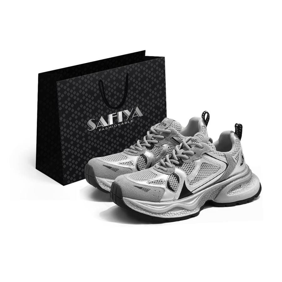 SAFIYA Chunky Sneakers Women's Low Top Silver, Beige
