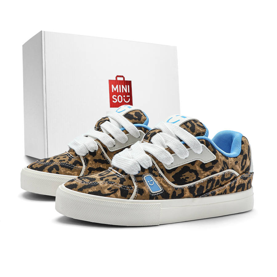 MINISO Skateboard Shoes Unisex Low Top Leopard Print Brown White Blue