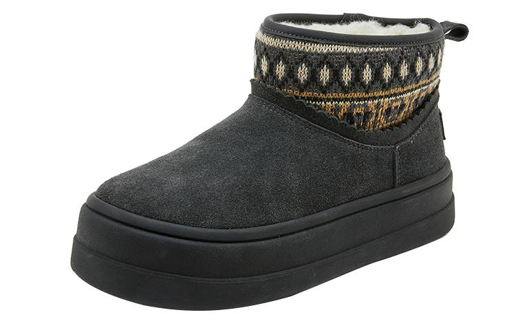 Joy&Mario Ethnic Style Knitted Fabric, Thermal Fleece Lined Short Snow Boots Women's Dark Gray