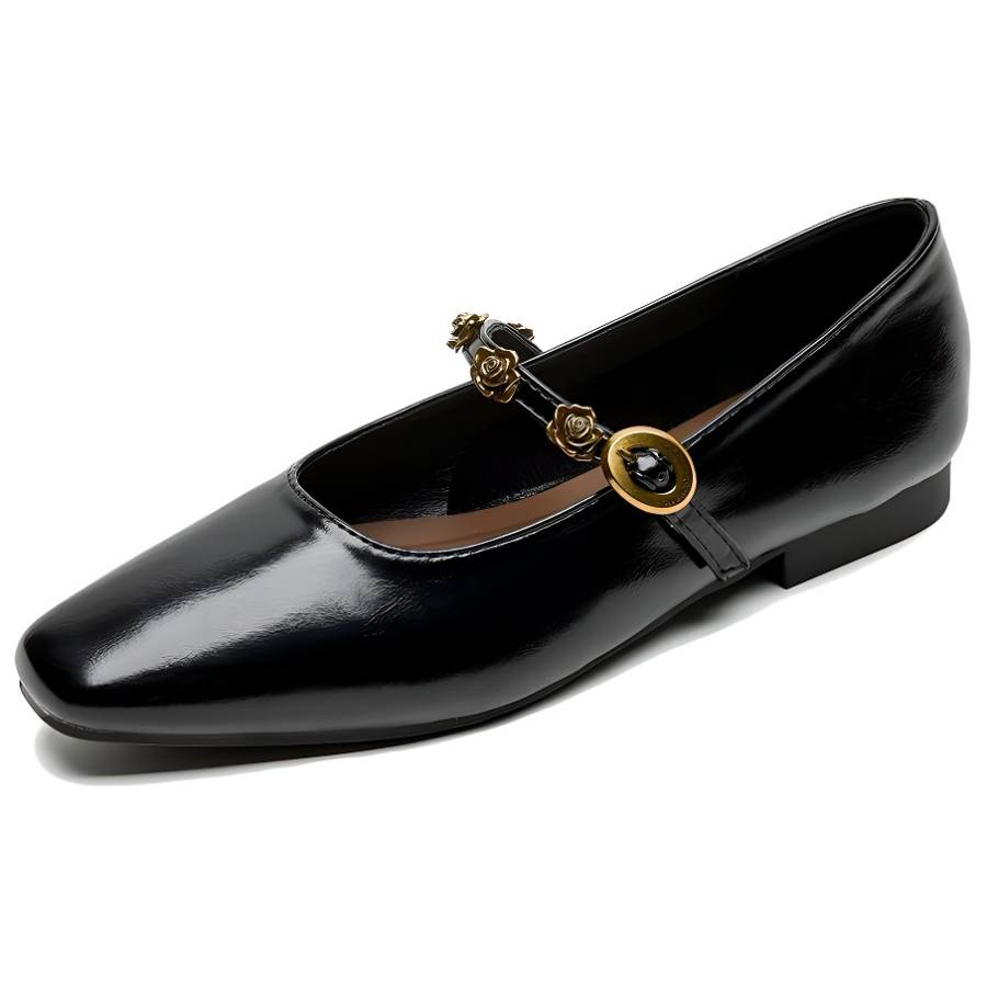 WEISHIBANGWEI Microfiber Leather Flat Mary Jane Shoes 2cm Women's Black