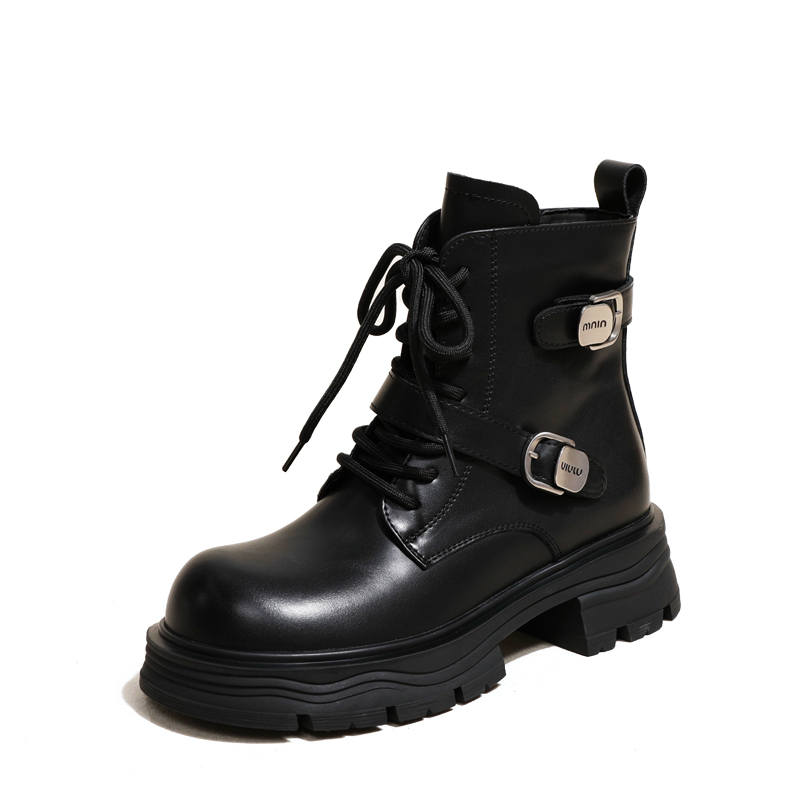 Ouumeis Cow Split Leather Short Combat Boots 5 Cm Women's Black