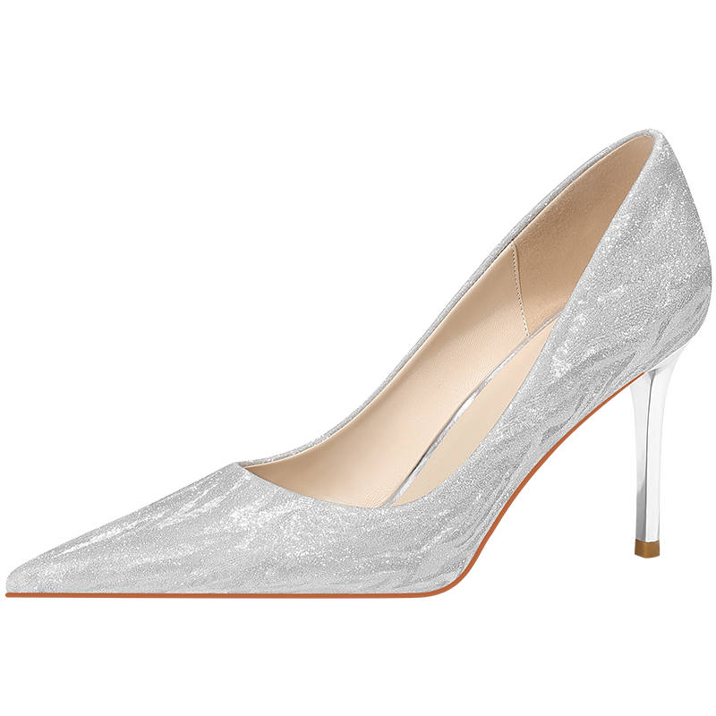 LANMOU Shinny Leather Slim Heel High Heels Women's Silver