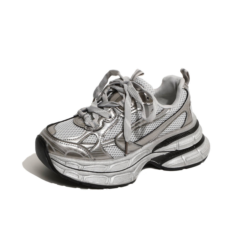 CHERRY&KALIKA Cushioned Wear-Resistant Lightweight Breathable Slip-Resistant Low-Top Chunky Sneakers Women's Silver