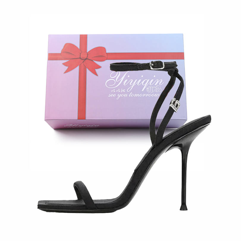 YIYIQIN Pu One Strap Sandals Women's Black Gift Box Set