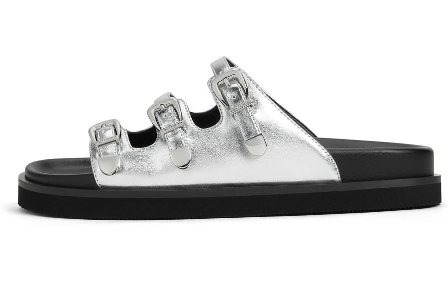 CHARLES&KEITH EVA Slide Slippers 3cm Women's Black Box Black/Silver/Chalk White