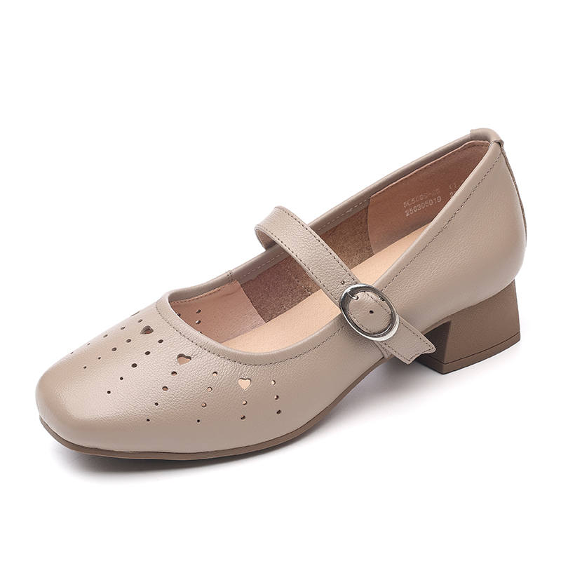 XINNUO Cow Leather Chunky Heel Mary Jane Shoes Women's