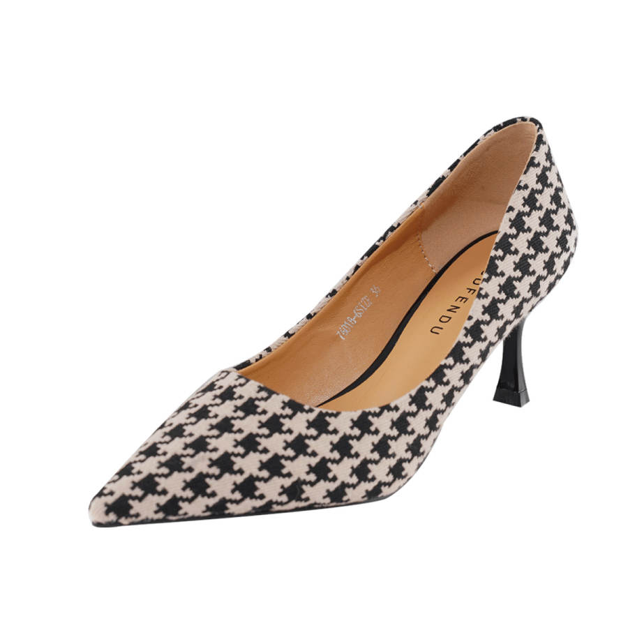GUDIANFENGDU Slim Heel High Heels 7cm Women's Plaid Black