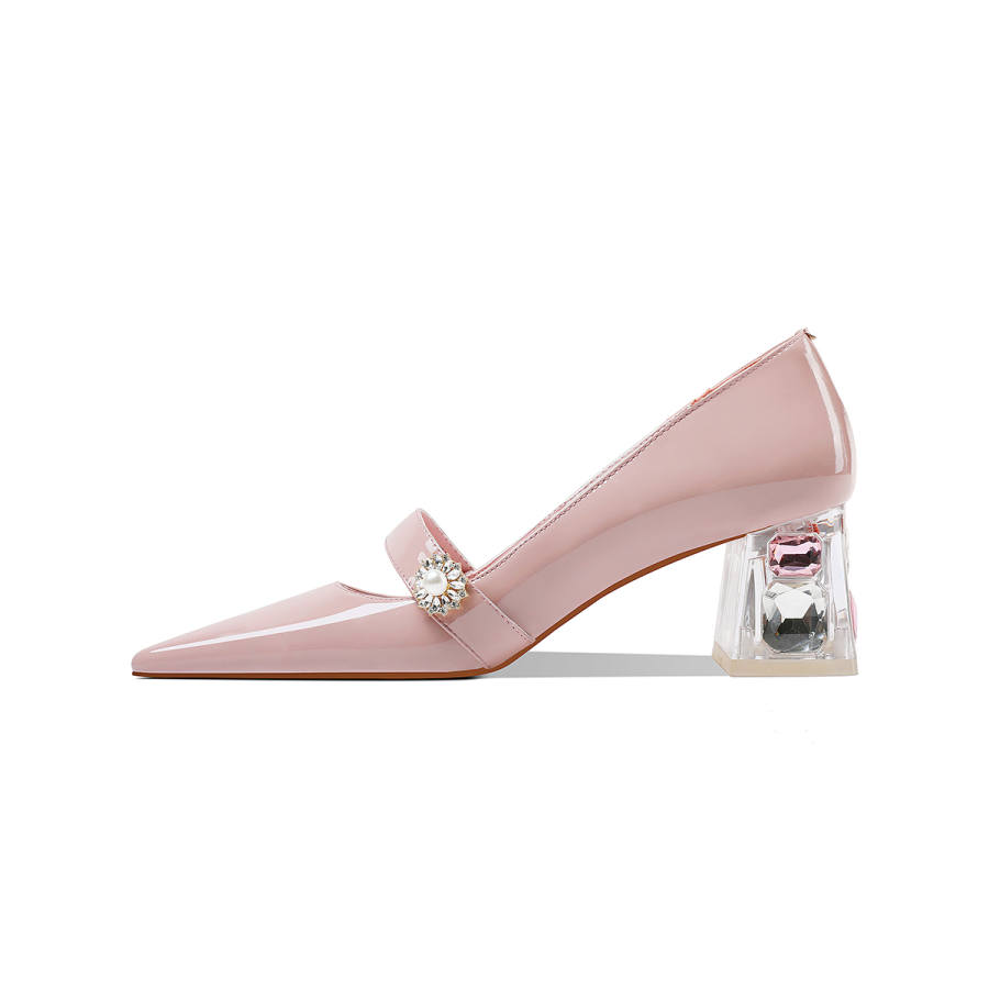 HAOYASENNU Top Grain Cow Leather Chunky Heel High Heels 5.5cm Women's Pink