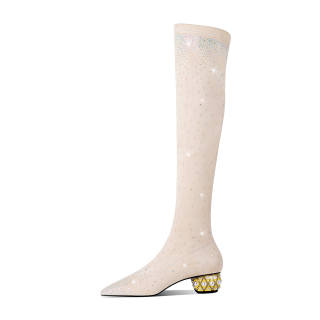 HAOYASENNU Knee High Boots 3.5cm Women's Milk Tea Apricot