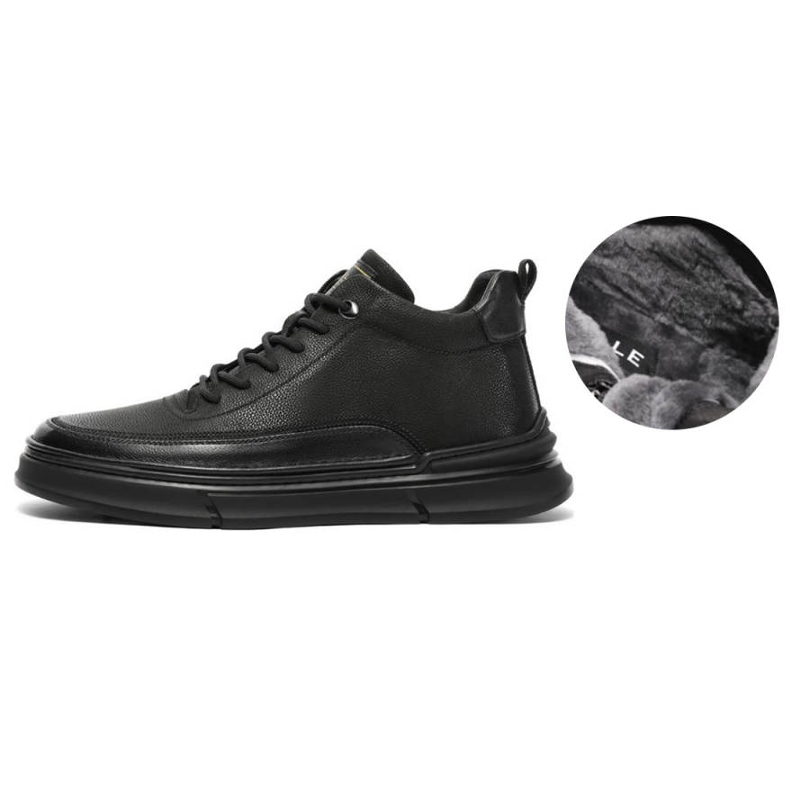 BELLE Leather Casual Versatile Fashion, Fleece Lined Thermal High top Skateboard Shoes 3.5cm Men's Black