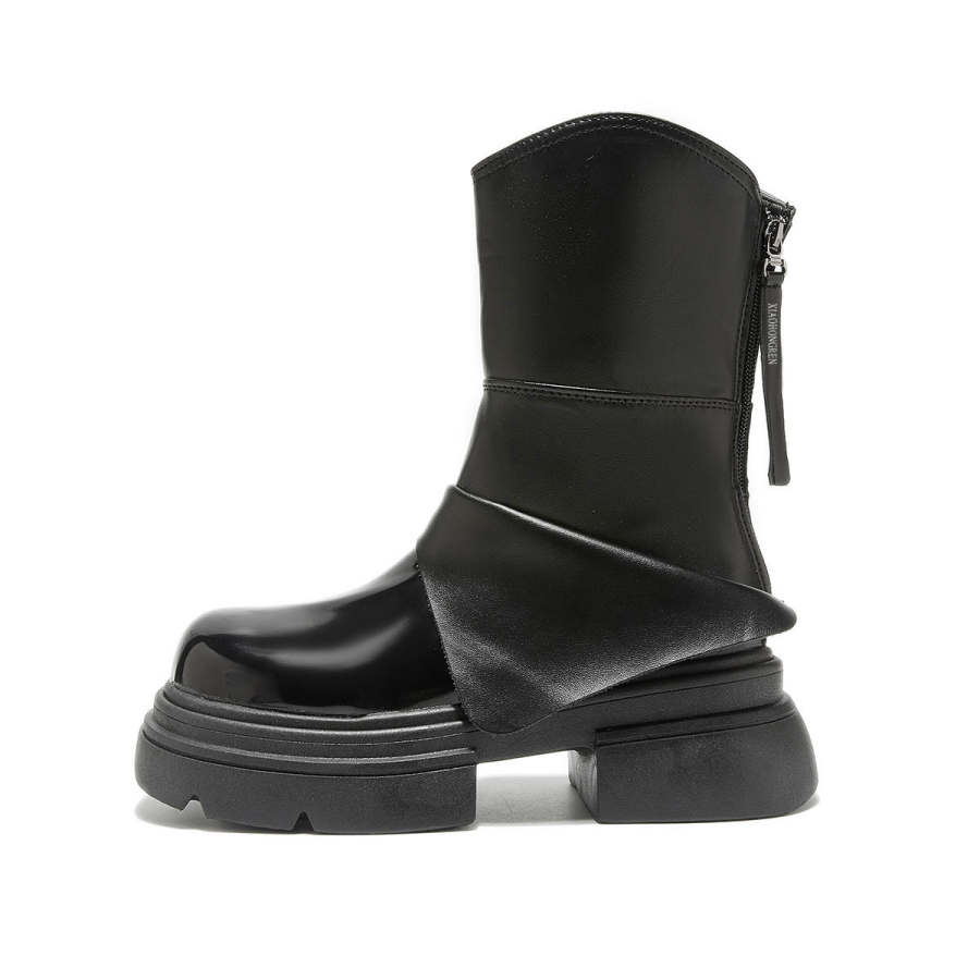 XIAOHONGREN Synthetic Leather Ankle Boots Women's Black
