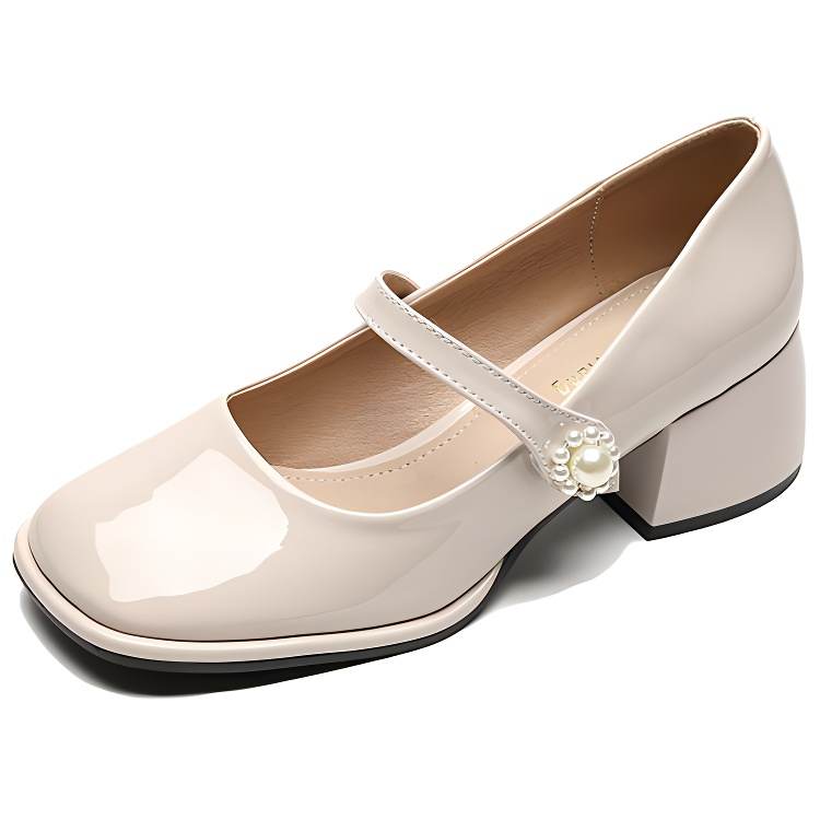 WEISHIBANGWEI Microfiber Leather Chunky Heel Mary Jane Shoes Women's Apricot