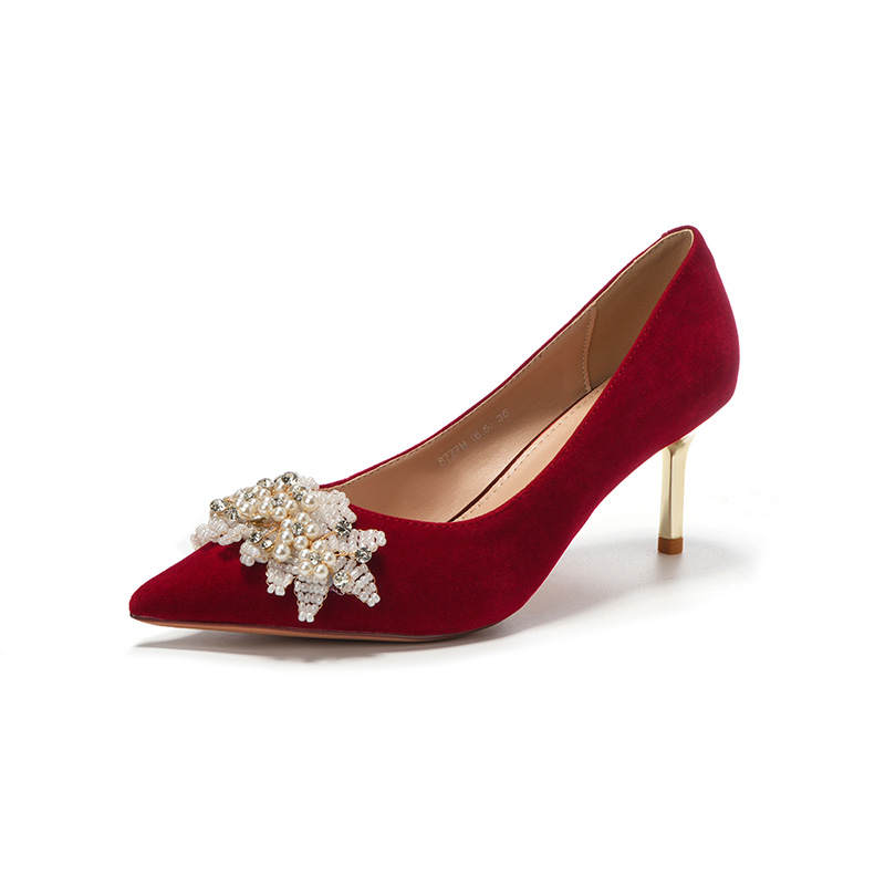 QITUMAUL Suede Slim Heel High Heels Women's Red
