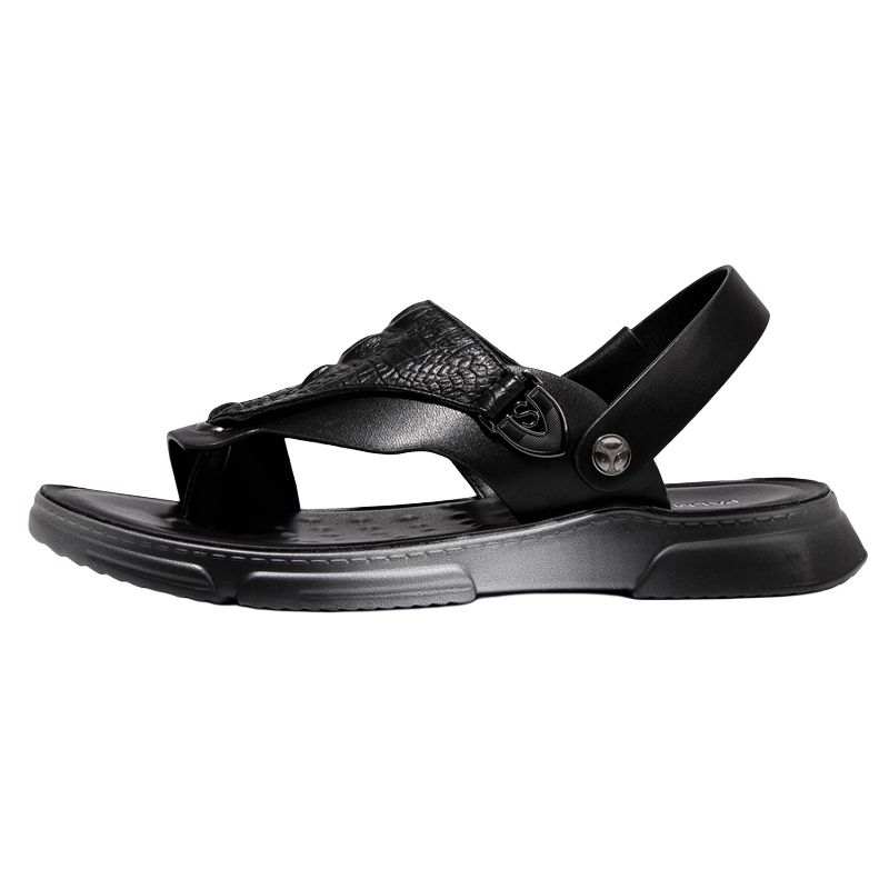 PALMPOLO Top Grain Cow Leather Beach Sandals Men's Black