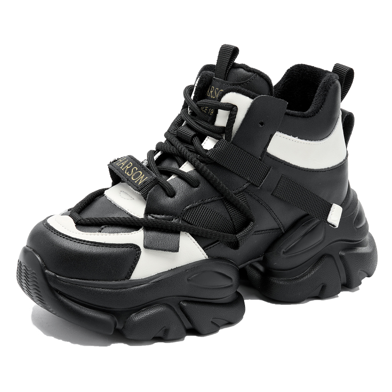 HARSON Fabric Slip Resistant Abrasion Resistant Slip Resistant Abrasion Resistant Mid top Chunky Sneakers Women's Black