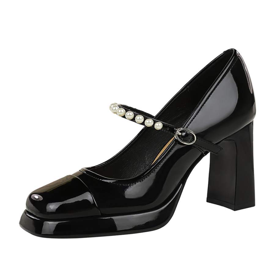 YAFEI XUANYU Patent Leather Chunky Heel Mary Jane Shoes 9cm Women's