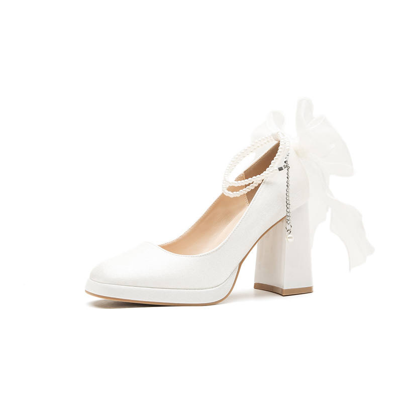 DUNNU Leather Chunky Heel High Heels Women's White