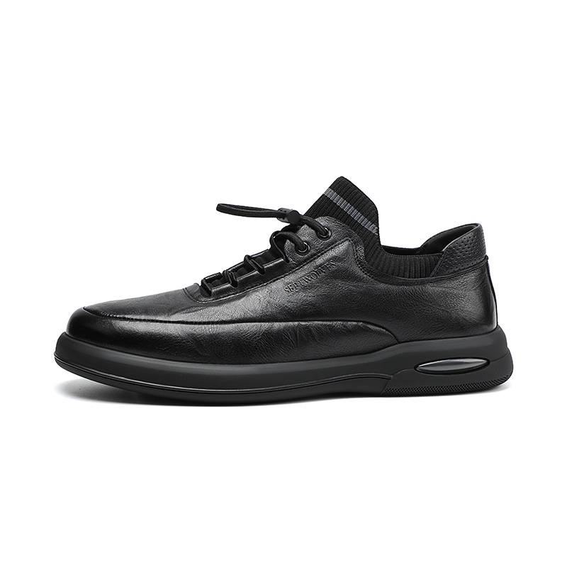 SEPTWOLVES Top Grain Cow Leather Fleece Lined Classic Fashion Versatile Trendy Low top Casual Shoes Men's Black HD