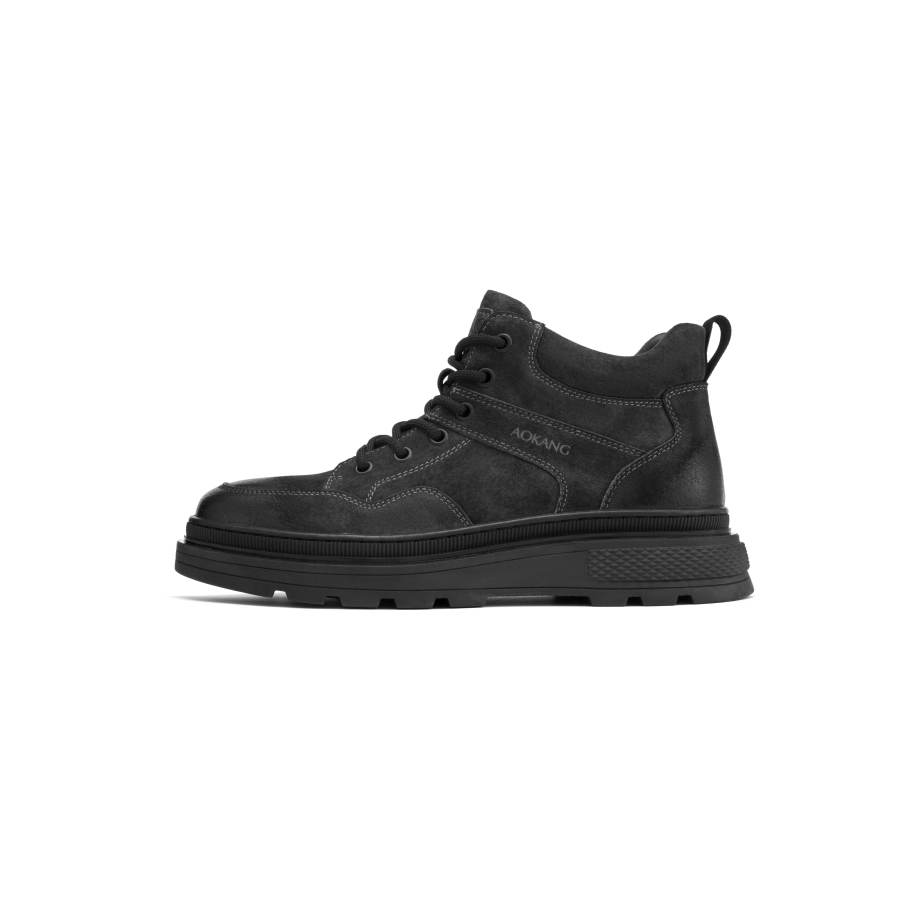 AOKANG Split Pig Leather Slip Resistant Cushioning Slip Resistant Cushioning Short Outdoor Boots 3cm Men's Black