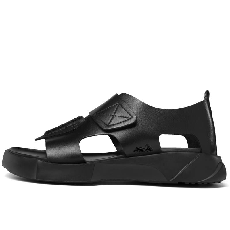 YINGLUNQISHI Top Grain Cow Leather Beach Sandals Men's Black