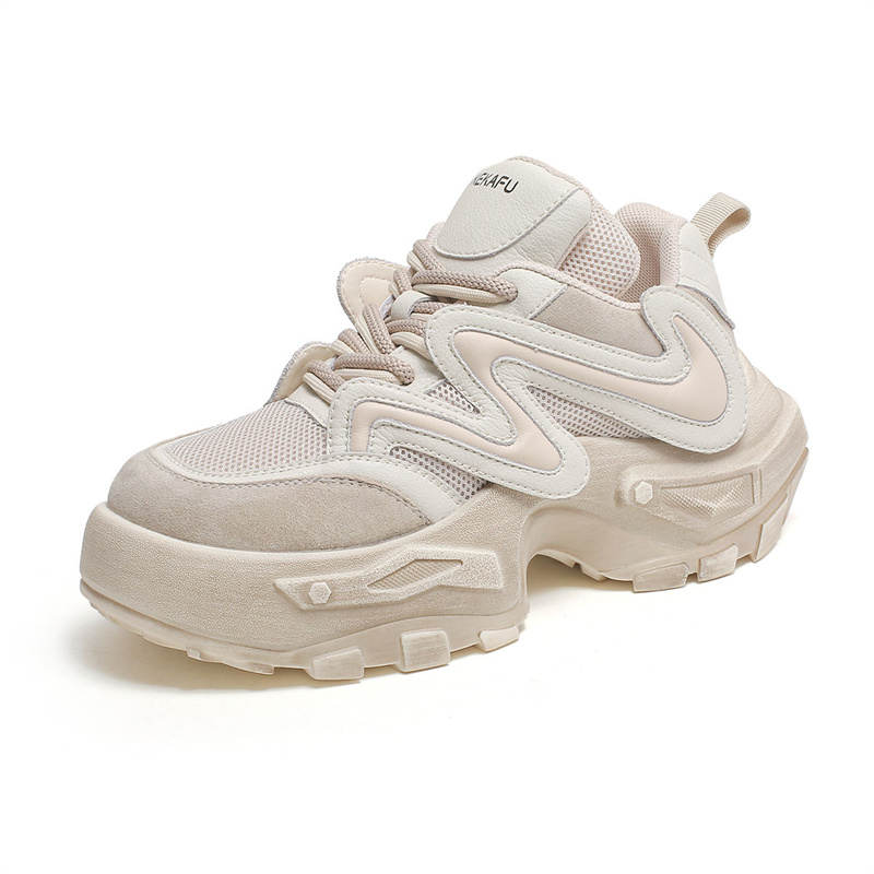 KEKAFU Cow Split Leather Slip Resistant, Abrasion Resistant, Height Increasing Low top Chunky Sneakers Women's