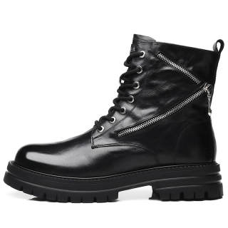 KJ Top Grain Cow Leather Crew Combat Boots Men's Black