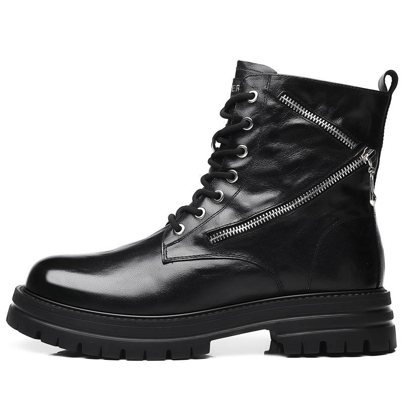 KJ Top Grain Cow Leather Crew Combat Boots Men's Black