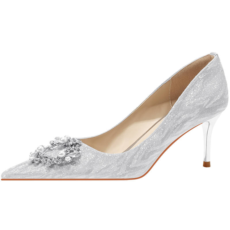 LANMOU Shinny Leather Slim Heel High Heels 6.5cm Women's Silver