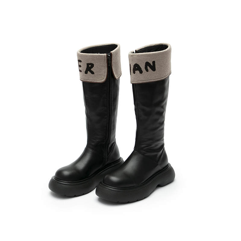 HERLIAN Top Grain Cow Leather Knee high Boots 5CM Women's Black