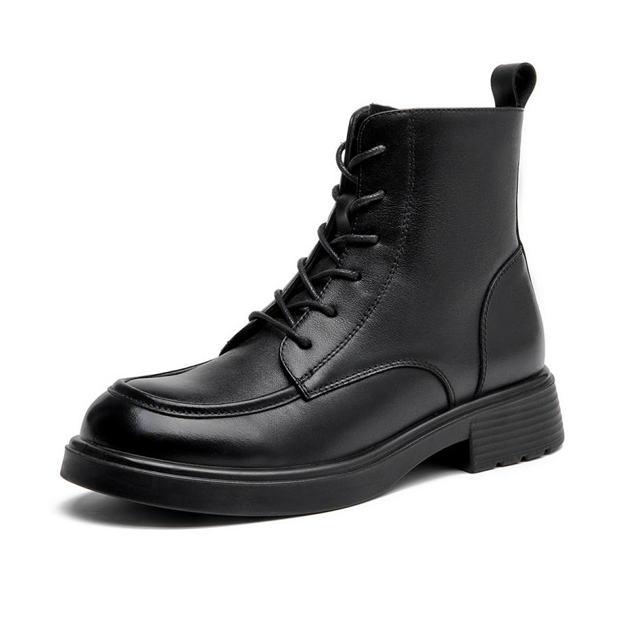 AOKANG Top Grain Cow Leather Short Combat Boots Women's Black