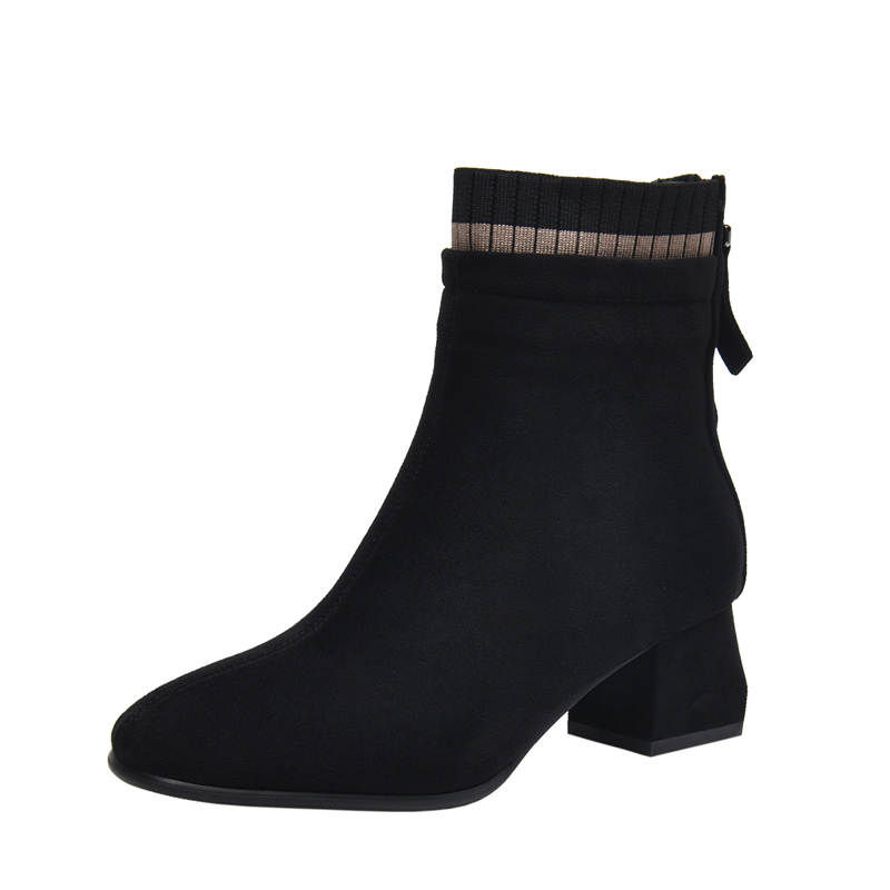 Devanro Devanro Microfiber Leather Matte Chunky Heel Fashion Versatile Fleece Lined Thermal Low Heel Square Toe Back Zippers