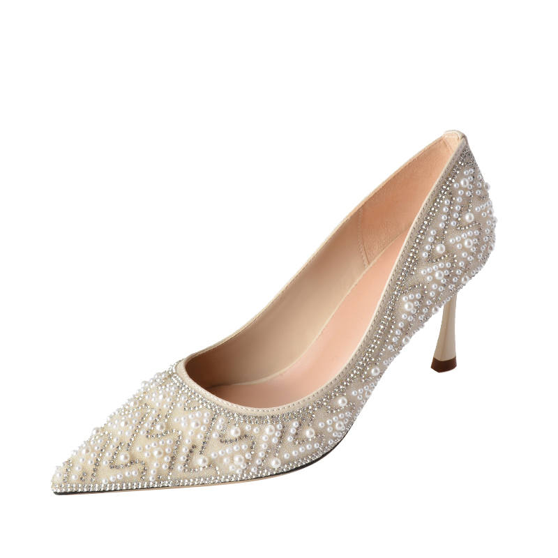 Zubumei Leather Slim Heel High Heels 7cm Women's Apricot