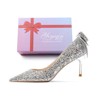 YIYIQIN Pu Slim Heel High Heels 7cm Women's Silver Gift Box Set