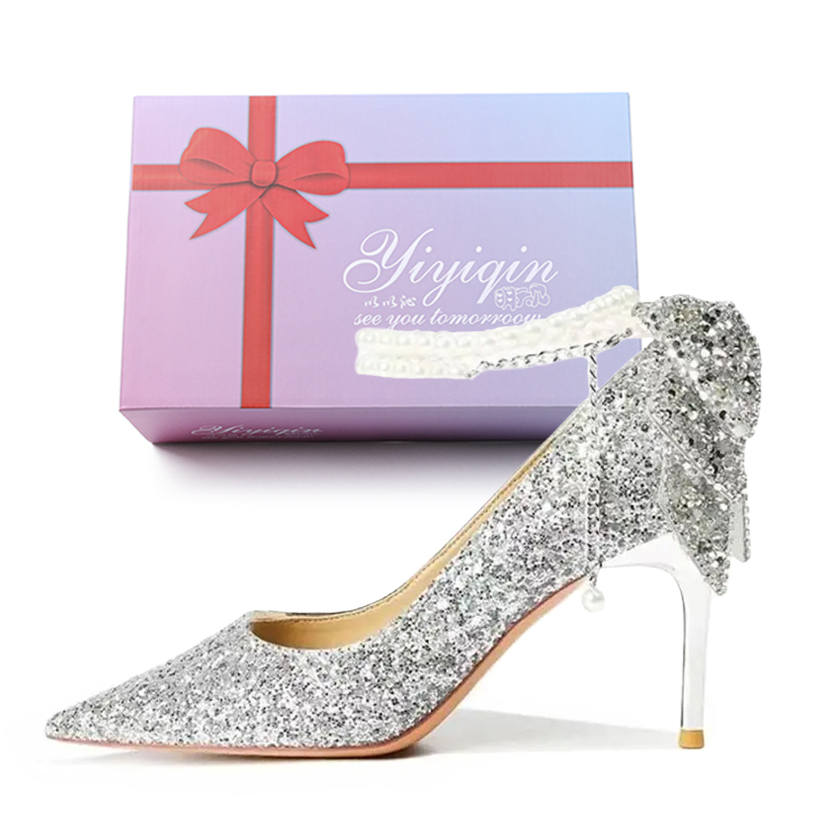 YIYIQIN Pu Slim Heel High Heels 8cm Women's Silver Gift Box Set